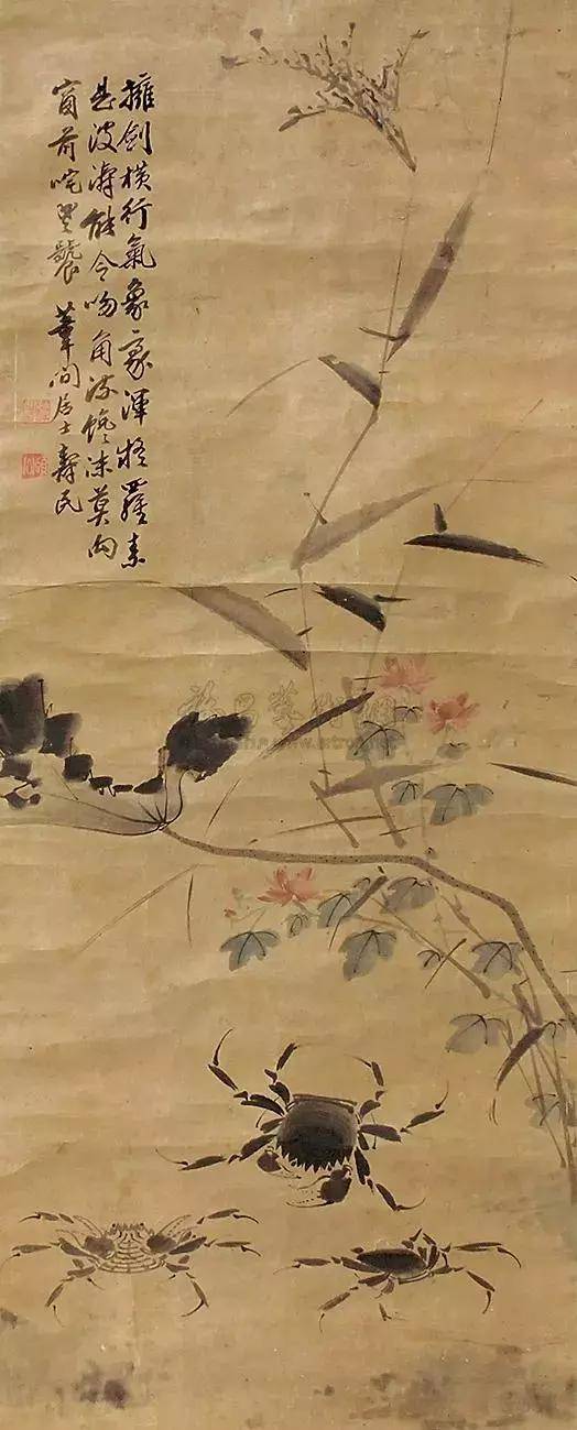 《蟹与菊》 扇面 "螃蟹,菊花,美酒"在清代画家边寿民的作品中经常