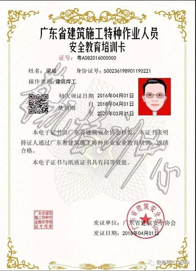 关于启用广东省建筑施工特种作业人员操作资格证电子证书的通知