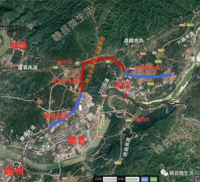 沿着梅储公路到达红金工业园;再沿城北大道北延及323国道连接