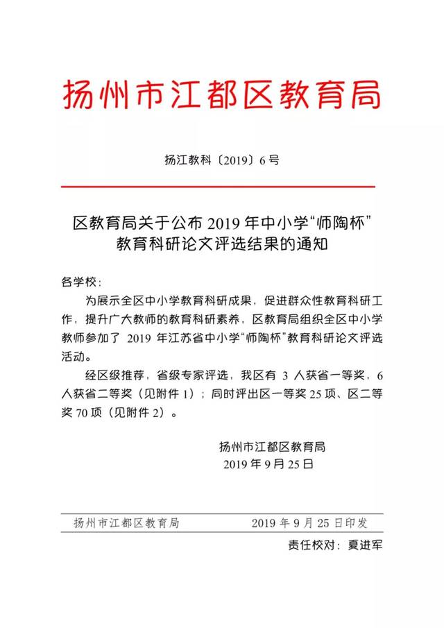 获奖通知/我校多名老师在2019年江苏省中小学"师陶杯"教育科研论文