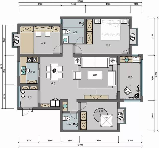 本案建筑面积为126㎡,格局为三室两厅,拥有独立的玄关区域,常住的