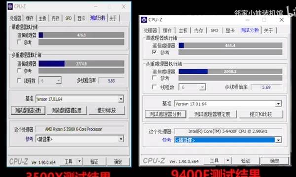 锐龙53500xcpu-z测试单线程,多线程成绩相比i5-9400f分别超出6%,8%