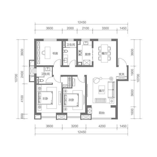 户型二 三室两厅两卫建面约145㎡