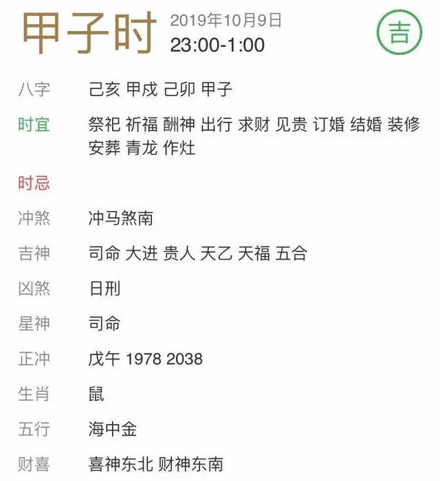 农历农历二〇一九年九月十一日 干支己亥年 甲戌月 己卯日(城头土 冲