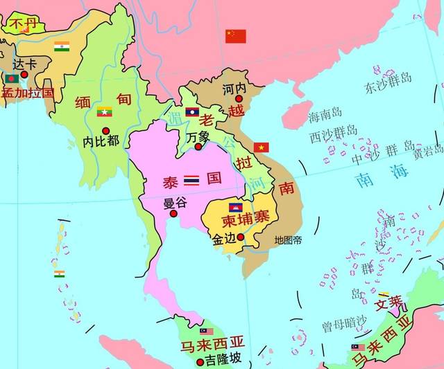 "大陆国家"是指中南半岛上的缅甸,泰国,老挝,柬埔寨,越南,"岛屿国家"