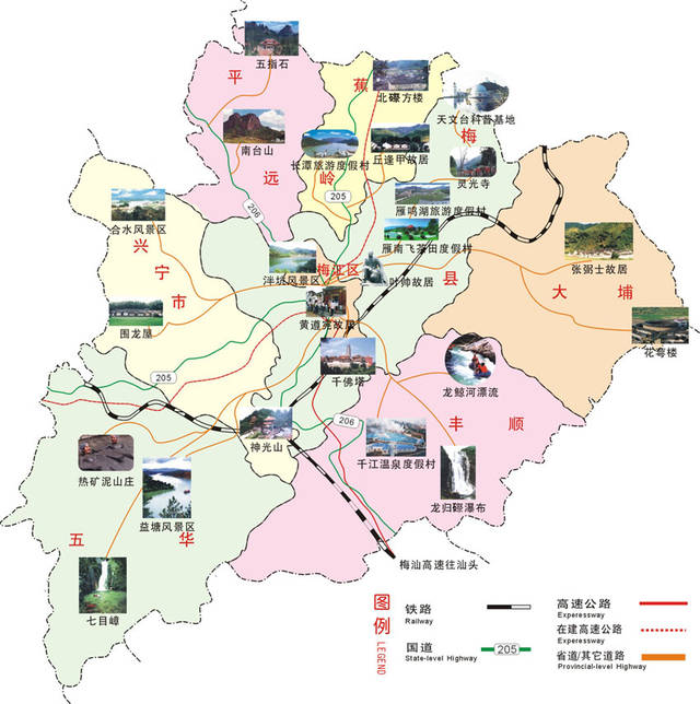 梅州行政划分图及旅游地图
