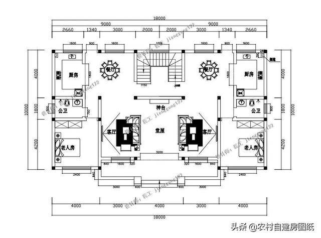 18*10米二层双拼别墅,堂屋楼梯间共用,二胎家庭建房首选户型