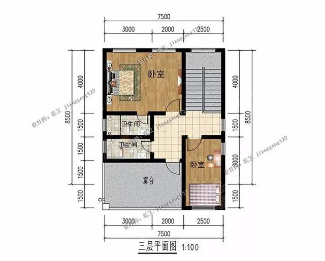 客厅,厨房和餐厅等公用空间设计在二楼,三层为休息晾晒区,设计有2间