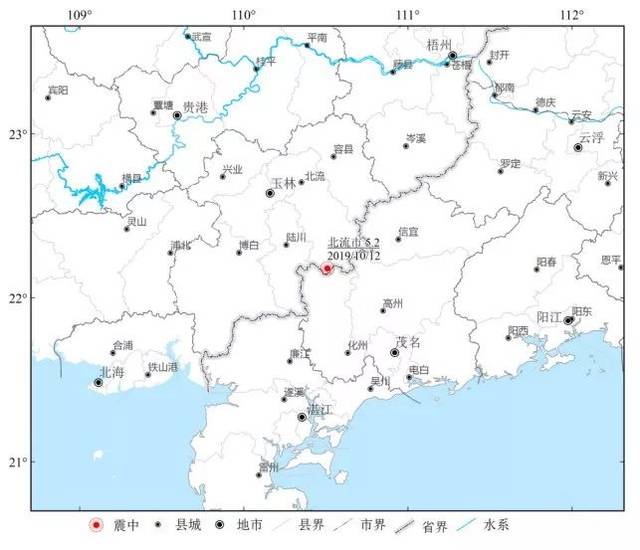 (广西北流5.2级地震震中分布图)