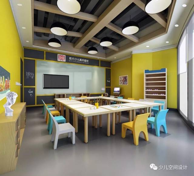 书法教室则为中式简约风格,简单的中式元素沉淀出中国传统文化的魅力
