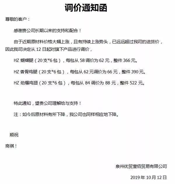 10月,调理品企业调价通知汇总!鸡肉什么时候降价