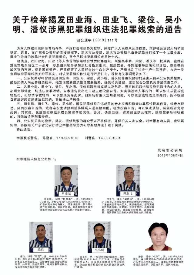 关于检举揭发田业海,田业飞,梁位,吴小 明,潘仪涉黑犯罪组织违法犯罪