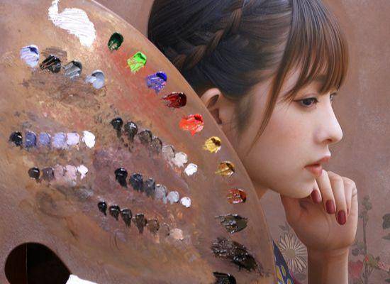 日本艺术家人体油画中的少女,细腻逼真,堪称绝色美女