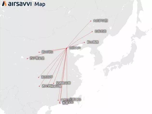 2019冬春航季南航大兴航线图.通过airsavvi绘图