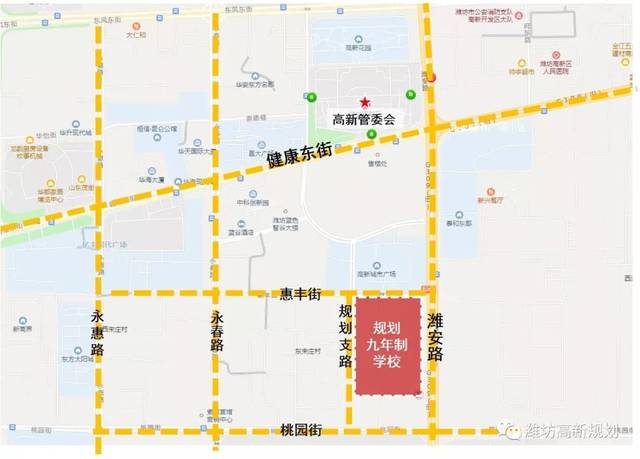 惠丰街以南,潍安路以西, 总建筑面积约80300平方米, 规划12班幼儿园