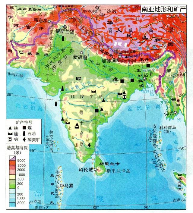 南亚地形图,尽管大部分被高峻的喜马拉雅山围绕,但西北部有小缺口