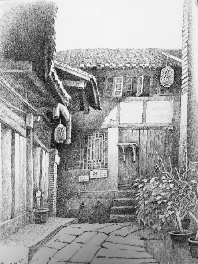 一位寄情于古镇的钢笔画家,记吴天先生的大圩古镇写生作品分享