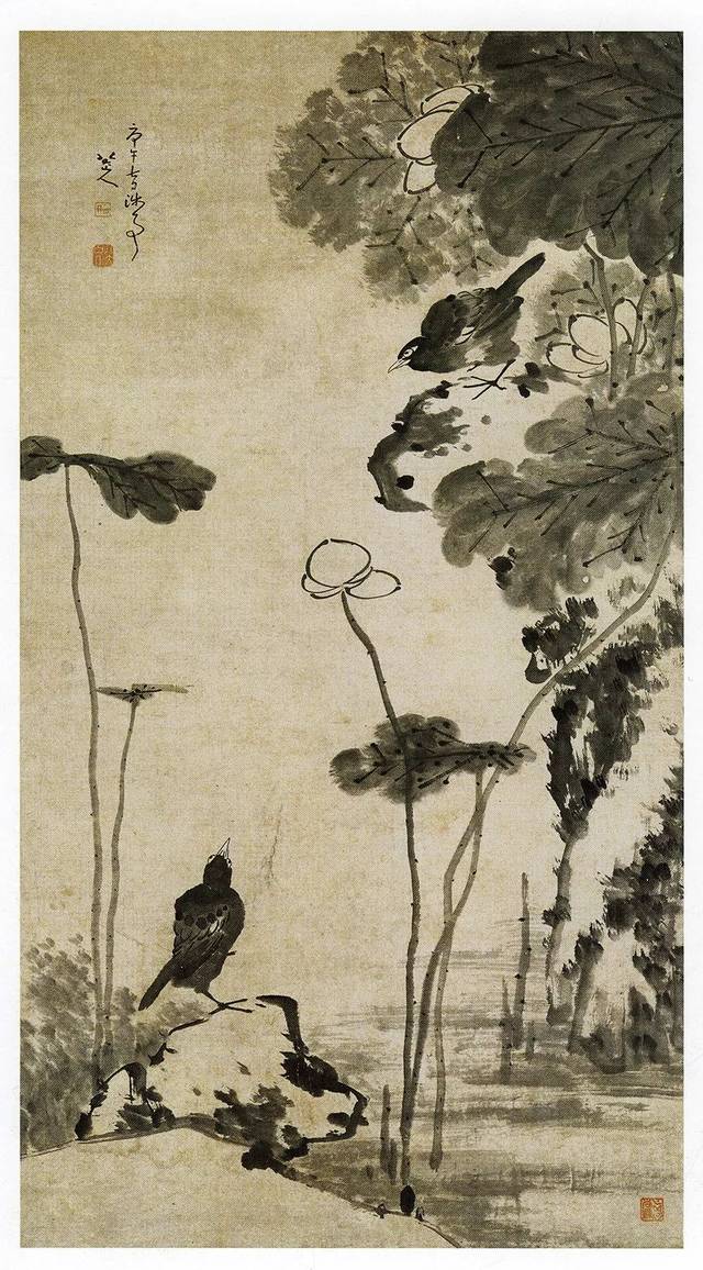 清朱耷《莲花双鸟图轴》旅顺博物馆藏