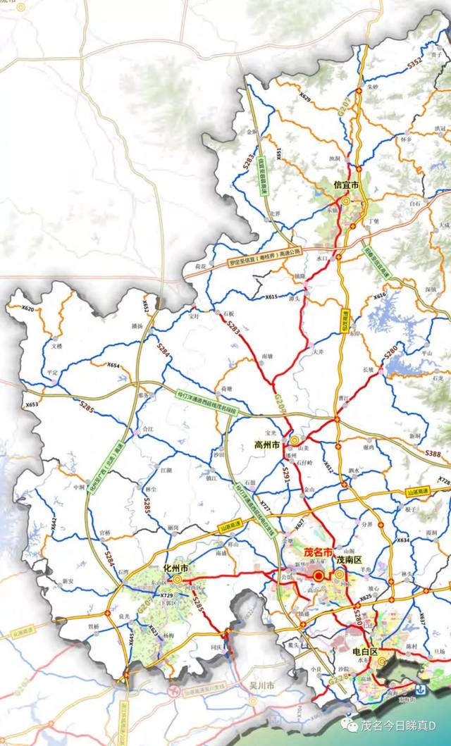 茂名市干线公路网布局规划图 这里可以看到, 两区,三市的城区都有环城