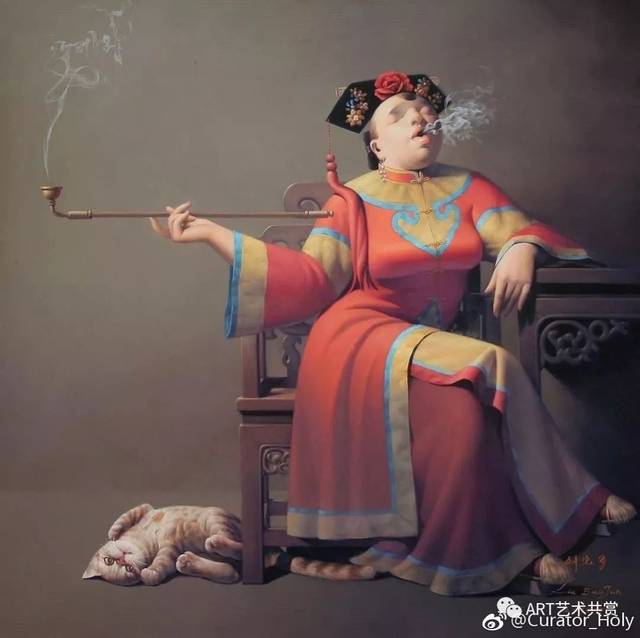 油画|穿旗袍,玩烟枪的胖女人