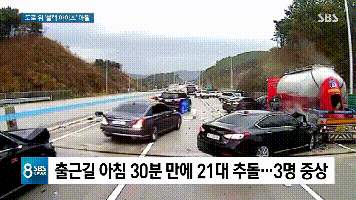 太难了20多辆车打滑连环撞韩国男子绝望躲避图