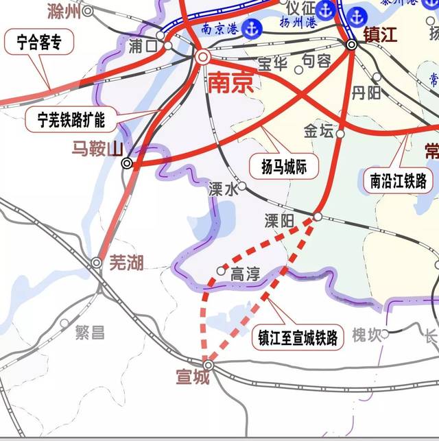 远期为规划中的苏皖赣铁路的组成部分,铁路初步设计在金坛与南沿江