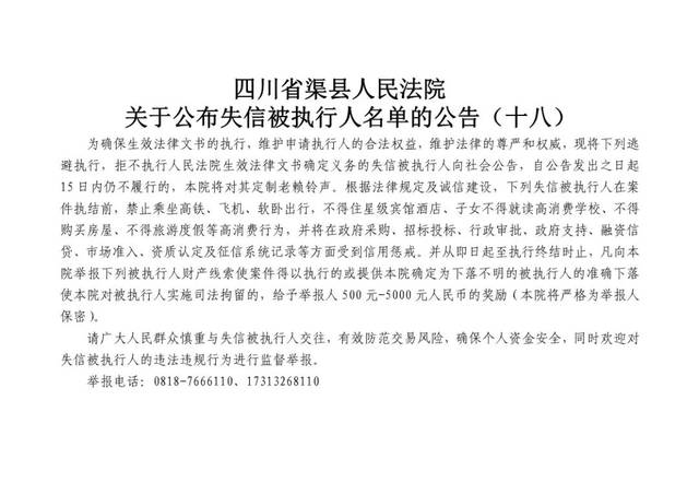 共63名!渠县人民法院曝光最新一批失信被执行人名单