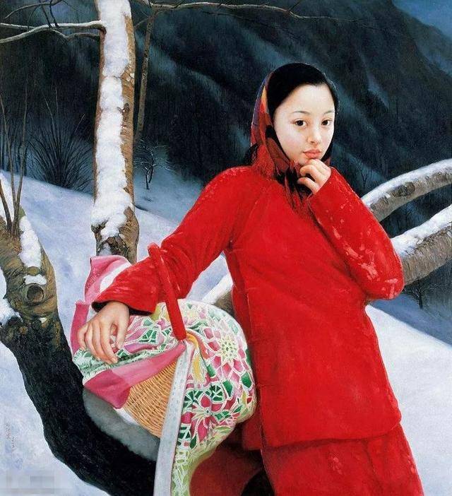 超写实油画和素描丨雪地里一身红棉袄红棉裤的小媳妇,就是他画的