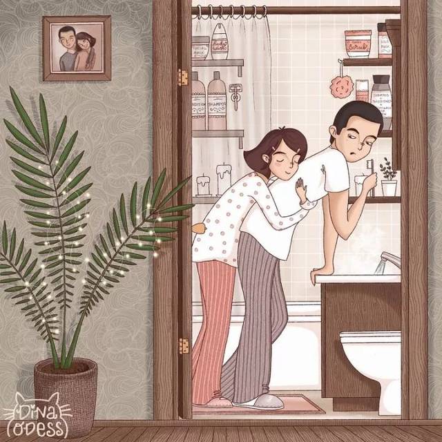 这些秀恩爱的插画,记录了颂歌和男友的幸福生活,比如:等男朋友回家