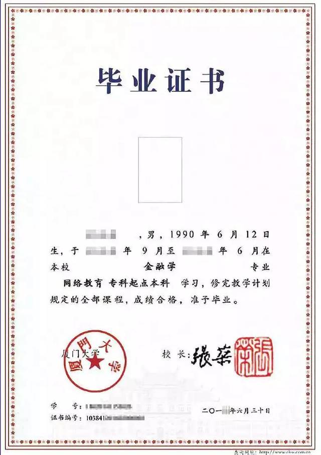 厦门大学毕业证书样本