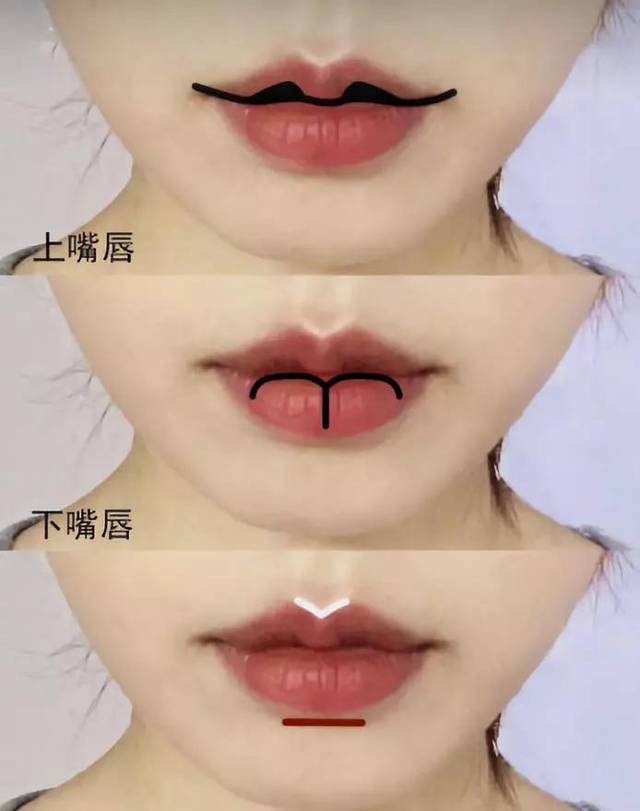 用唇线笔往唇形的上端描两圈, 突出唇珠, 嘴角延伸画一个向上的弧度.