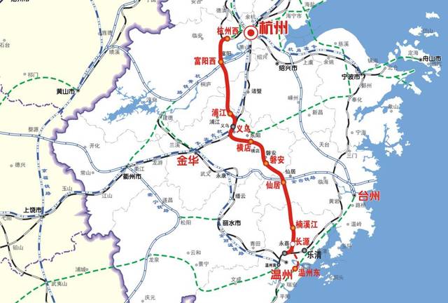 经金华义乌市,东阳市,磐安县,台州仙居县,温州永嘉县,引入既有甬台温