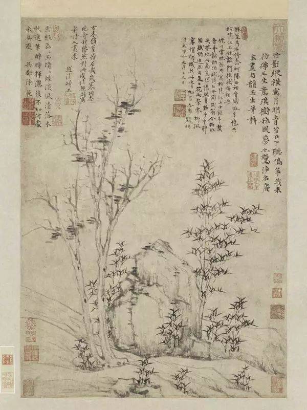 琪树秋风图轴  倪瓒的画多取材于太湖一带景色,图绘琪树二棵,修竹若干