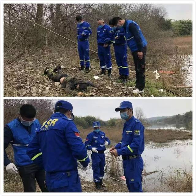 南康蓝天救援队在镜坝河里打捞起一具浮尸