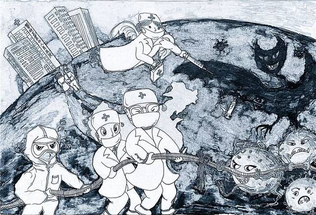 创意:画面采用白衣战士与病毒拔河博弈的场景展现医护工作