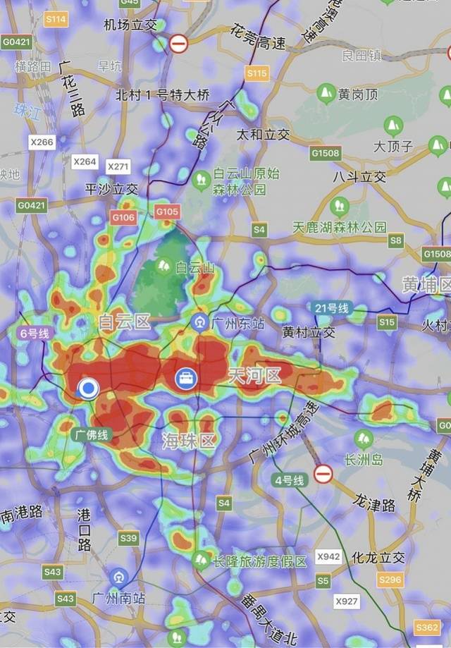 复工第一天,热力图中的广州:珠江新城中心区域人流提升明显