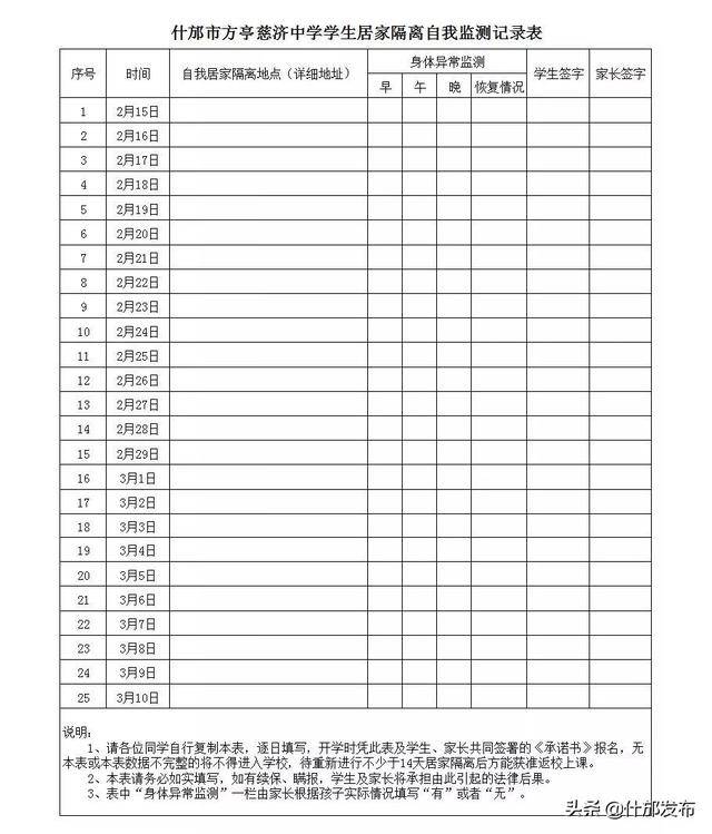 【抗击疫情】方亭慈济中学关于开展学生居家隔离自我监测记录的通知