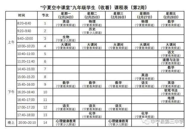 "宁夏空中课堂"中学生(收看)课程表