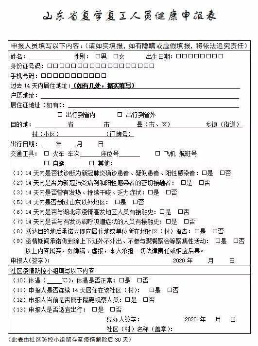 同时填写《山东省复工复学人员健康通行卡》发放登记表(需自行打印和