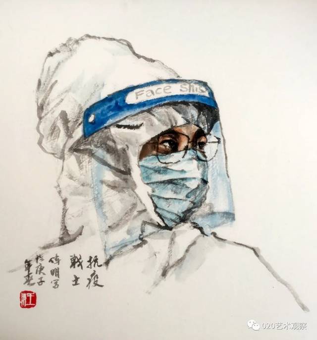 汪伟明作品《抗疫战士》(中国画)