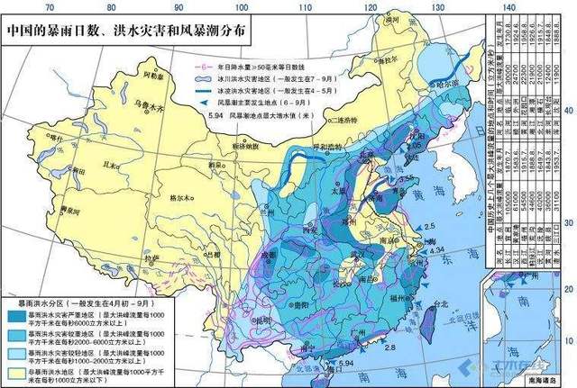 中国暴雨日数,洪水灾害和风暴潮分布图