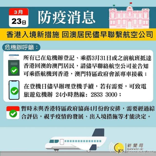 旅游局又指,接载经香港机场返程的澳门居民返回澳门措施由3月17日