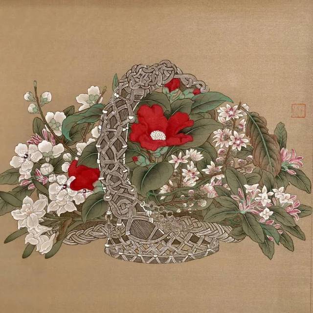 作品名称:《临宋. 花篮图》 尺寸:27×27cm 材质:绢本设色