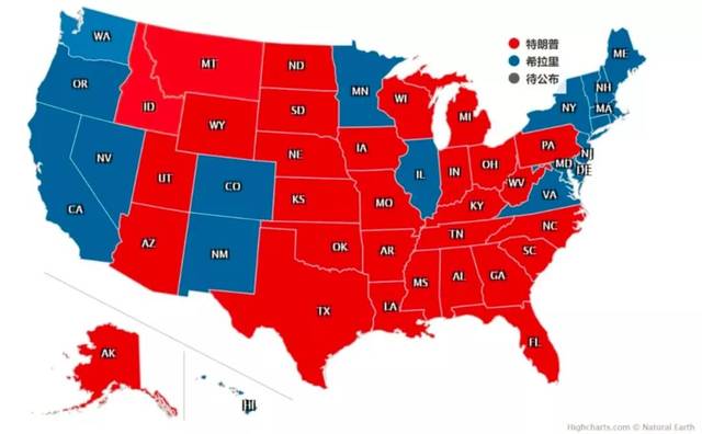 2016年的美国总统大选红蓝州地图