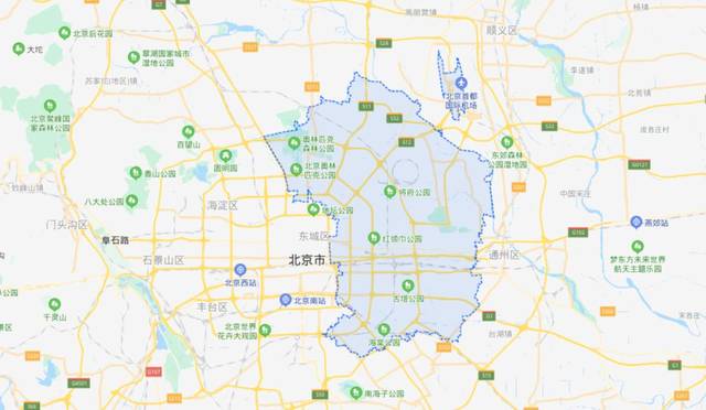请注意看上面的地图,右上角有一块"飞地",覆盖北京首都国际机场t1和t2