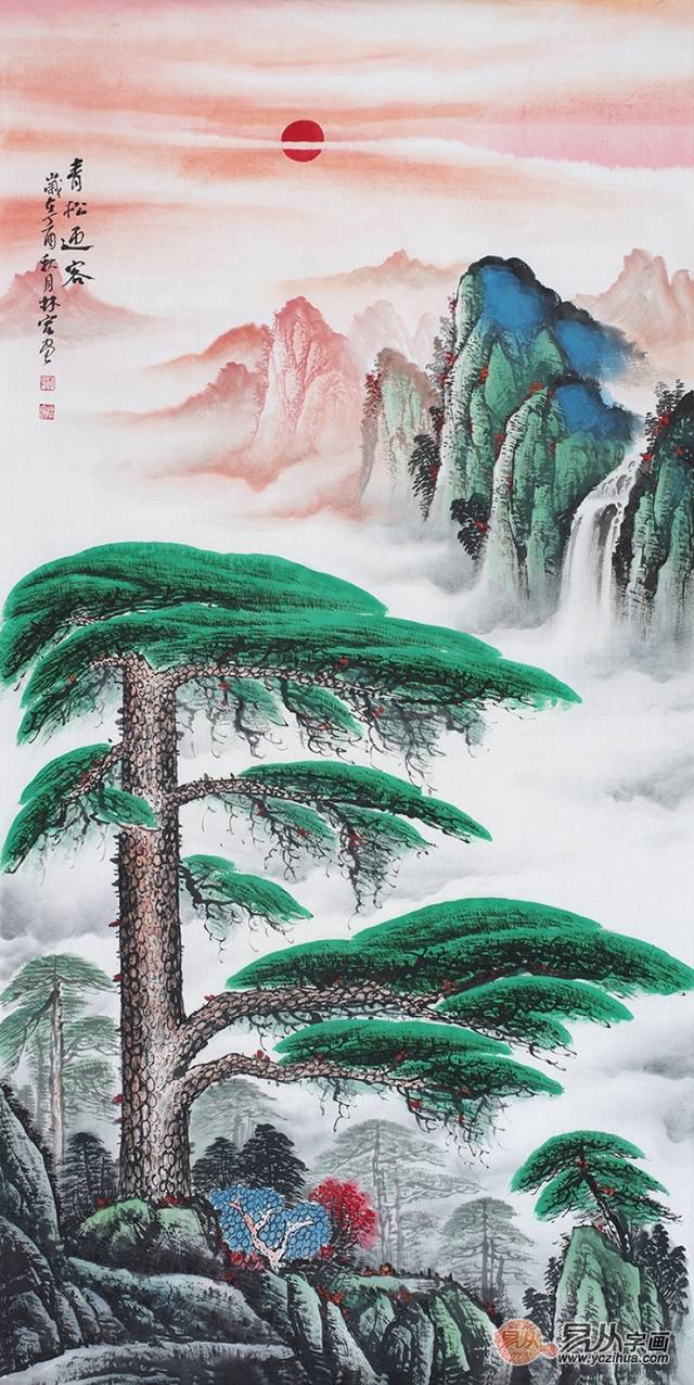 这幅《青松迎客》山水画,画家利用流云之势对近景远景做出区分,远方