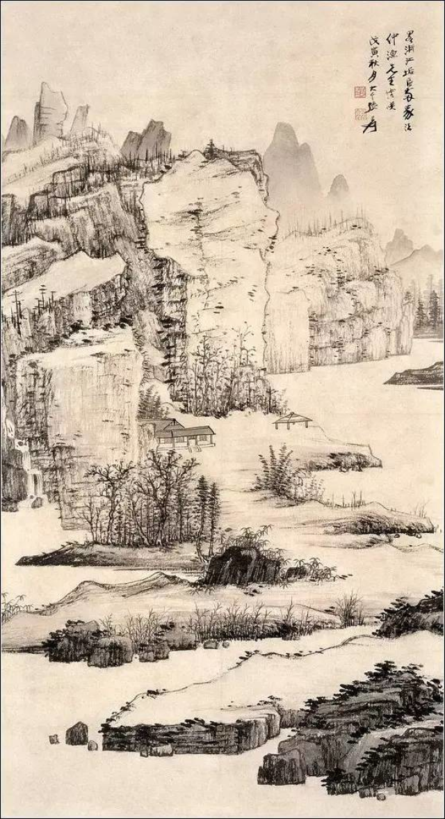 张大千 戊寅(1938年)秋月山水画水墨山水立轴