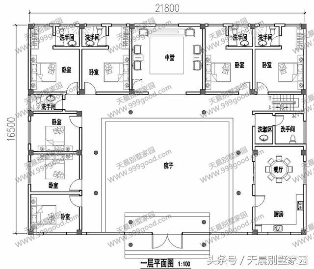 设计功能: 一层别墅设计图:院子,中堂,餐厅,厨房,7个卧室,6个卫生间.