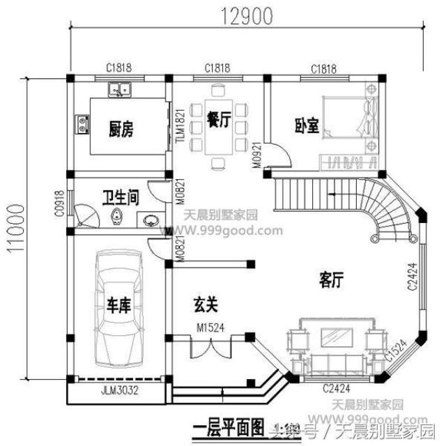 12.9米x11米二层别墅设计图