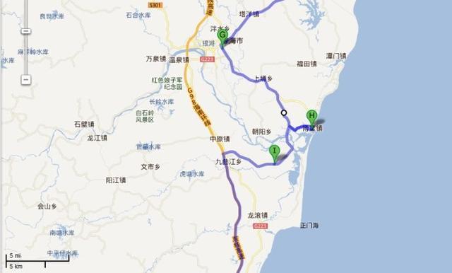10点20从博鳌北山村路口(i)出发,今天的目标是到万宁兴隆镇(k).